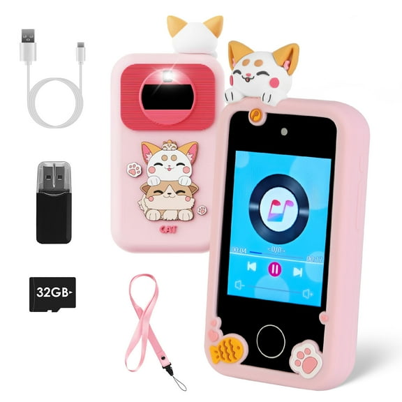 Kids Smart Phone Toys for Ages 3+ Touchscreen HD Dual Camera Learning Toy with Shockproof Cartoon Case for Girl's Birthday Gift 32 GB Card Pink