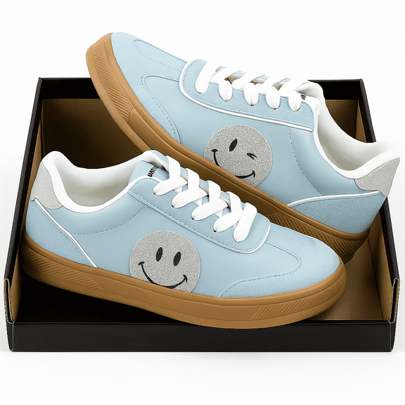Kids Smiley Face Light Blue Casual Sneakers with Gum Sole Cute Comfort Shoes for Boys & Girls Size 4