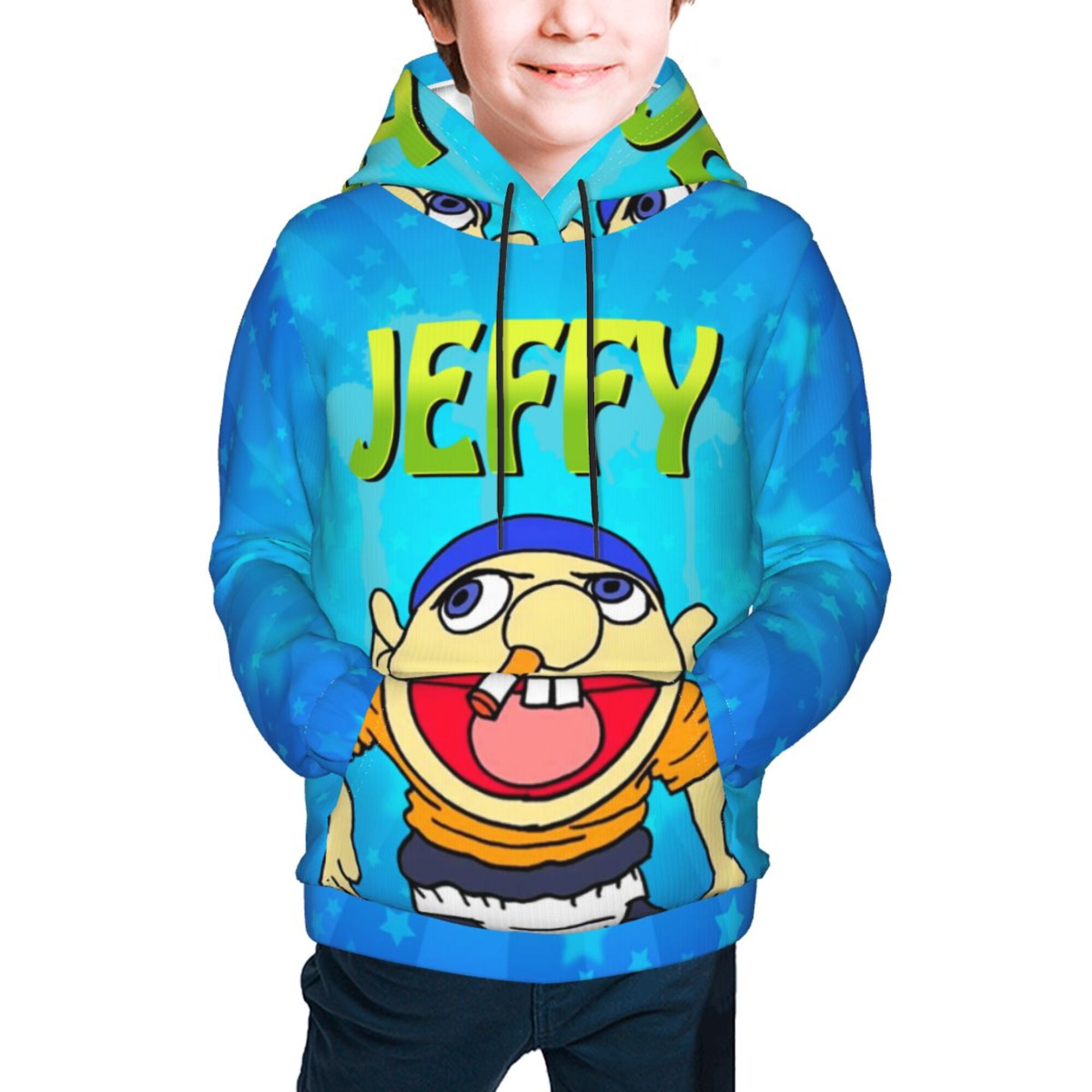 TAQ SPORTS Jeffy Puppet Hoodie – Funny Youtuber Pullover, Unisex Graphic Fleece, Grey/Black