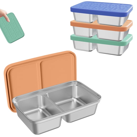 Kids Snack Container Stainless Steel 1000ML 2 Compartment Reusable Stackable Lunch Box with Silicone Lid for School Travel Daycare Outdoor Snacking，Orange& Fridge