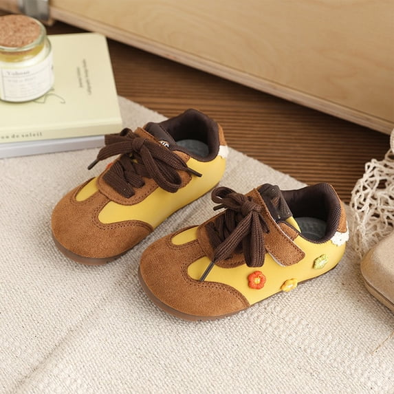 Kids Sneakers, Shoes for Kids, Girl School Shoes, Kids Shoes, Baby Girls Sneakers Embroidery Bow Shoelace Soft Sole Non-Slip Infant First Walking Shoes for Spring Fall, Yellow US-3Y/EU-32