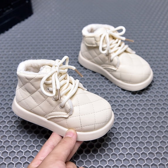 Kids Snow Boots Fleece Lined Lace Up PU Snow Booties Girls Winter Warm Comfy Platform Round Toe Shoes Beige 7.5 Toddler