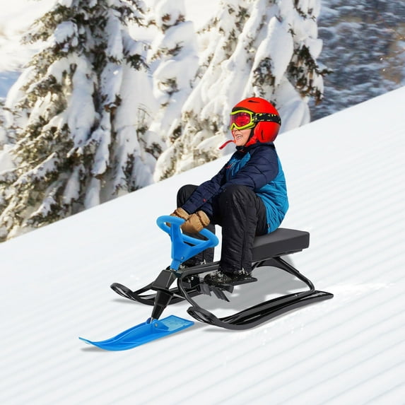Kids Snow Racer Sled with Steering Wheel & Double Brakes Pull Rope Snow Slider