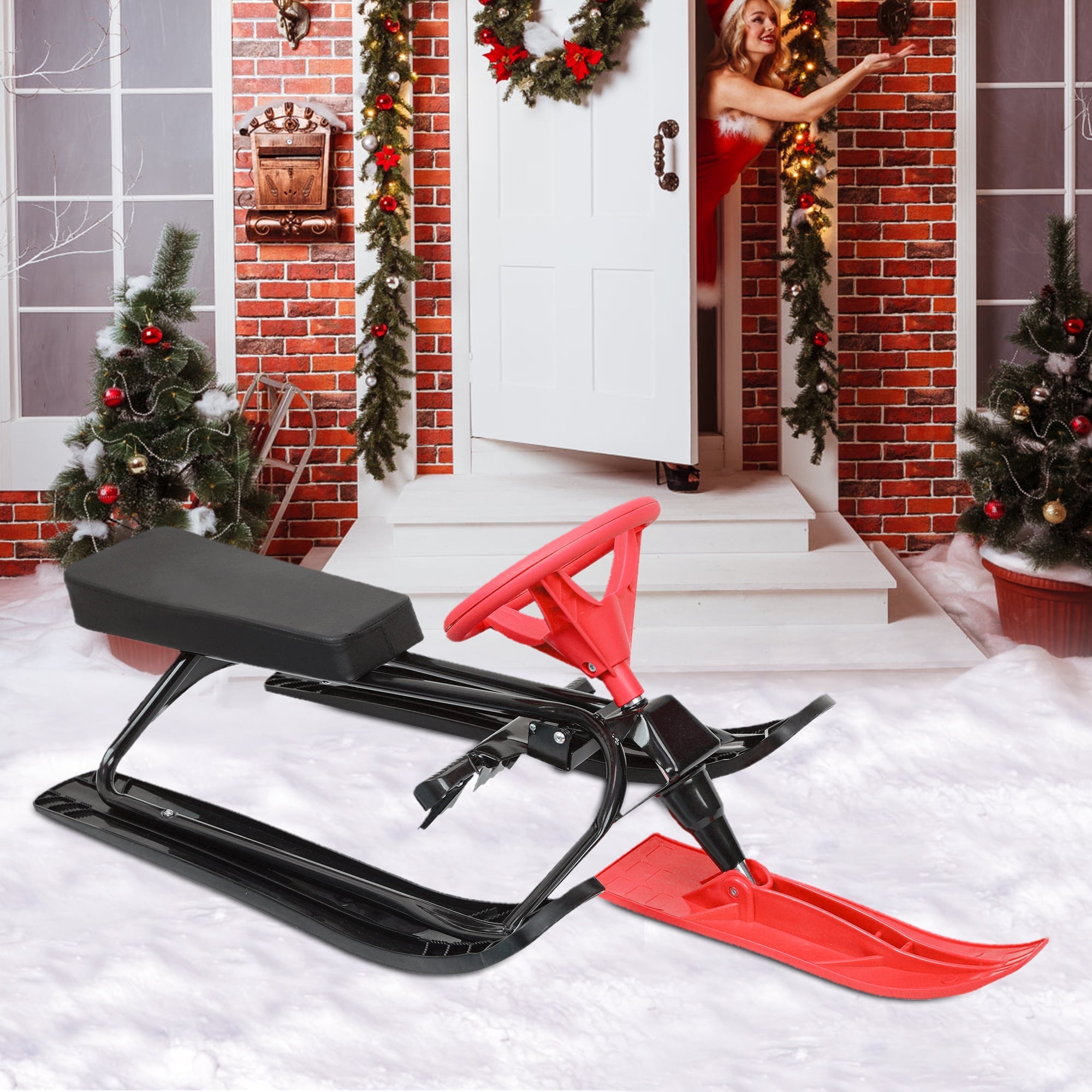 Kids Snow Sled, Red Large Snow Racer Sled with Handle, Portable