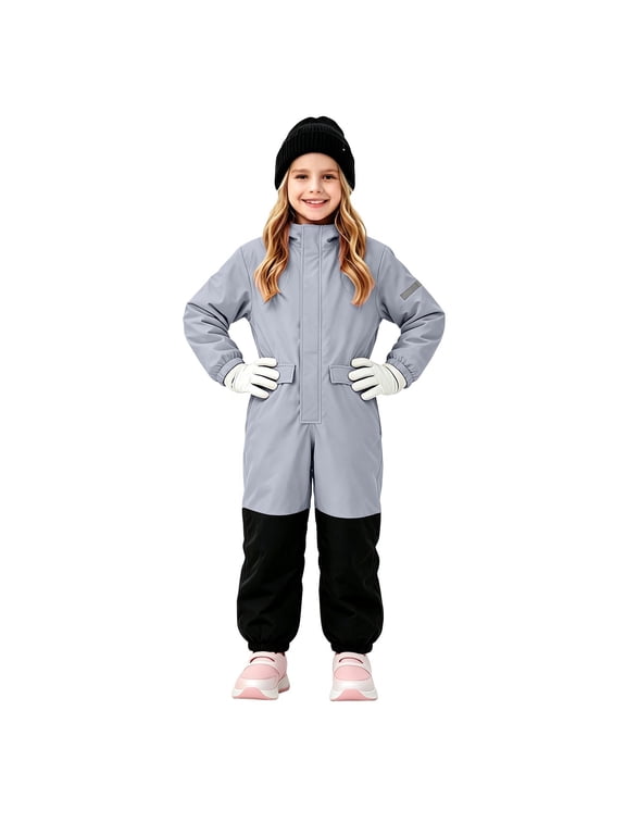 Kids Snowsuit One Piece Ski Suit Hooded Reflective Reinforced Knees Waterproof Windproof Beginner Snow Play Outfit,4-12Years