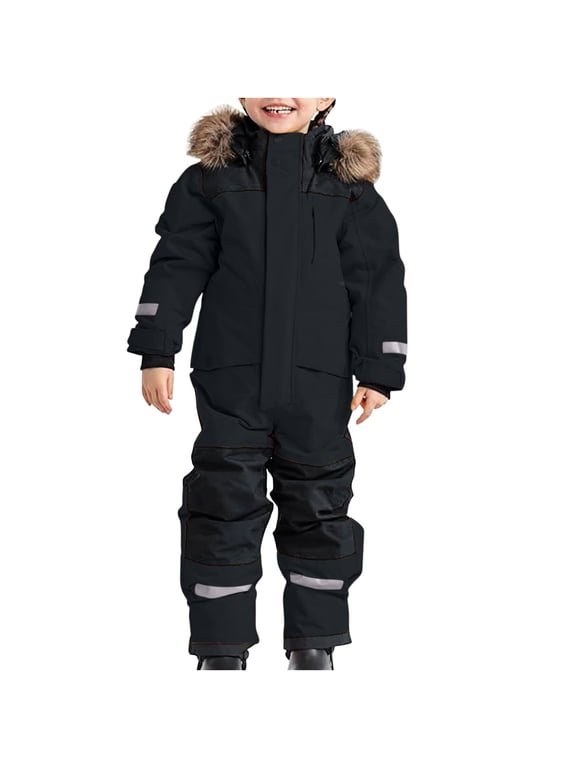 Kids Snowsuit - Toddler Boys and Girls Skit Suits Waterproof Jumpsuit - Unisex Winter Warm Snow Suits with Detachable Hood for Outdoor Snowboarding by Llywey ,Black ,6-7T