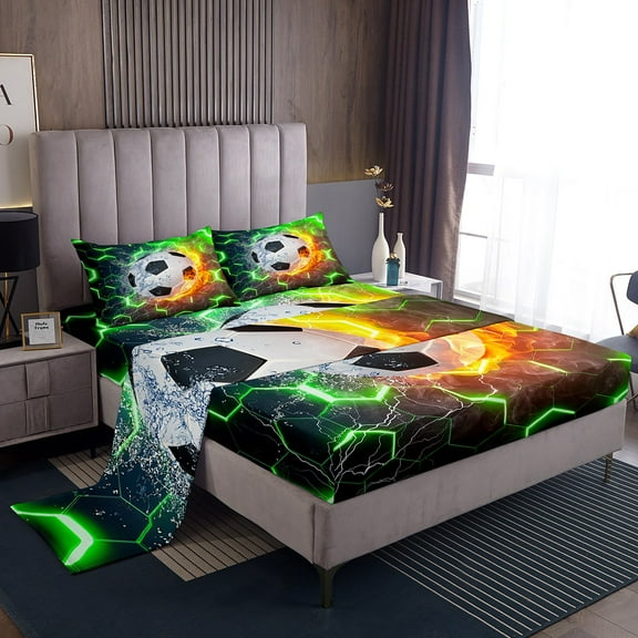 Soccer Bed Sheets Set Twin Size, Football Sheets Room Decor, Green Gradient Hexagon Sheet Set Soccer Gifts For Teen, Geometric Honeycomb Bed Set With 1 Pillow Case