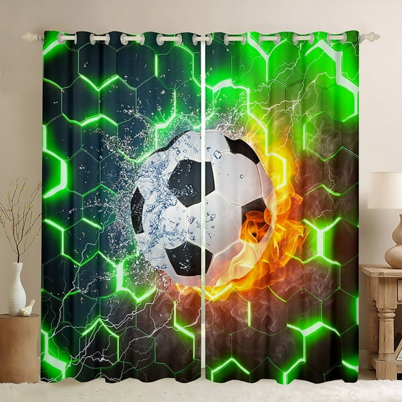 Soccer Curtains, Football 30%-50% Blackout Curtains Room Decor, Green Gradient Hexagon Curtains & Drapes Soccer Gifts For Teen , Geometric Honeycomb Window Treatments 52"Wx84"L 2 Panels
