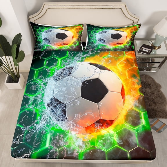 Soccer Fitted Sheet Twin Size, Football Bedding Set Room Decor, Green Gradient Hexagon Bed Sheets Soccer Gifts For Teen, Geometric Honeycomb Bed Set With 1 Pillow Case