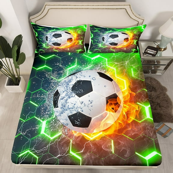 Soccer Fitted Sheet Twin Size, Football Bedding Set Room Decor, Green Gradient Hexagon Bed Sheets Soccer Gifts For Teen, Geometric Honeycomb Bed Set With 1 Pillow Case