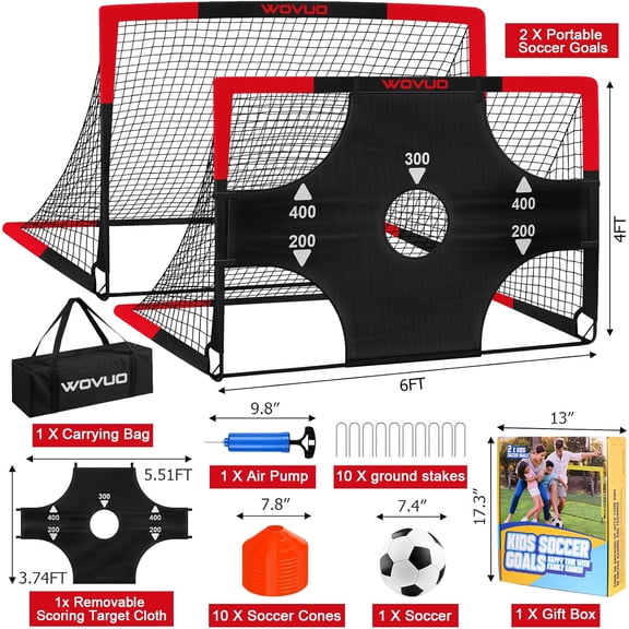 Kids Soccer Goals for Backyard Set of 2, 6x4 ft Portable Toddler Soccer Goal Training Equipment with Soccer Target, Ball, Cones, Soccer Net for Kids Age 3-5 6-8 8-12 10-12-14 Outdoor Sports Games Gift
