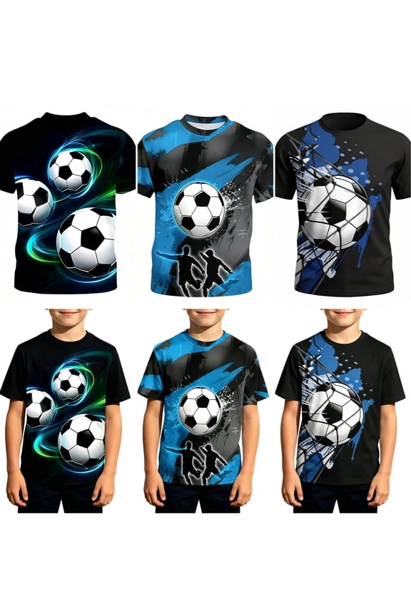Kids Soccer Graphic T-Shirt 2026 Summer Short Sleeve Top Multi-Pattern Print Casual Loose Fit Dark Tone Tee for Boys Comfortable Everyday Wear for Sports Play and Casual Outings Birthday Gifts 2-13Y