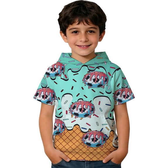 Kids Soccer Ice Cream Print Short Sleeve Hoodie Size 4-12Y Lightweight Pullover With Pocket Summer Top