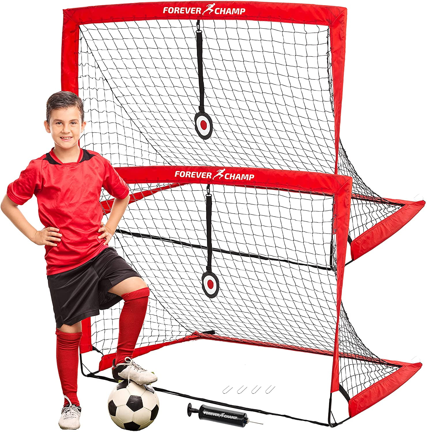 Forever Champ Portable Soccer Goal Set, Includes 4'x3' Pop Up Net, Ball, Pump, Stakes, Cones, Bag