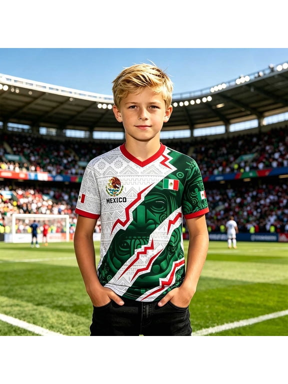 Kids Soccer Shirt Mexico Raglan Tops Short Sleeve Boys T Shirts Casual Tee Summer Fashion Pullover Shirts Solid Color Street Sports Fan Casual Tops Tee 2-14 Years