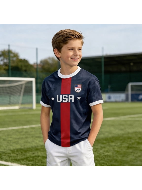 Kids Soccer Shirt USA Raglan Tops Short Sleeve Comfort Fit Baseball Tee Classic Baseball Graphic for Boys Soft Top Play Team Sports Fan Casual Tops Tee 3-14 Years