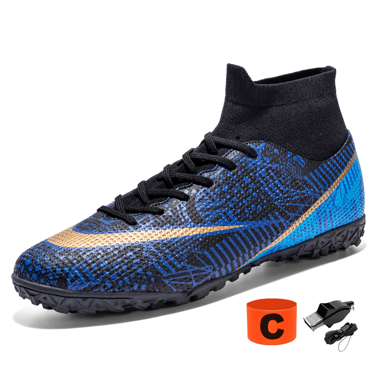 Kids Soccer Shoes Indoor Futsal TURF Youth Soccer Cleats Boys Spike TF High-Top Football Boots For Outdoor Training Black Blue Size US5.5