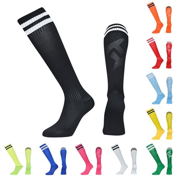 Kids Soccer Socks Striped Knee High Tube Socks Football Uniform Sports Socks for Boys Girls 6-12 Years Old Black