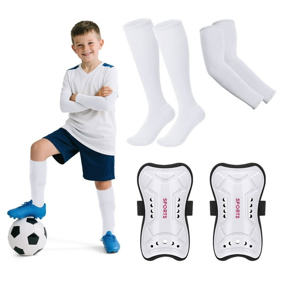 Kids Soccer Socks with Shin Guards Arm Sleeves for Youth Teens Soccer Protection Defender Gear for 4-16 Years Old Girls Boys