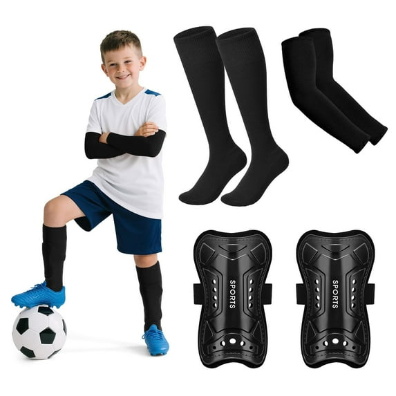 Kids Soccer Socks with Shin Guards Arm Sleeves for Youth Teens Soccer Protection Defender Gear for 4-16 Years Old Girls Boys