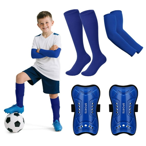Kids Soccer Socks with Shin Guards Arm Sleeves for Youth Teens Soccer Protection Defender Gear for 4-16 Years Old Girls Boys