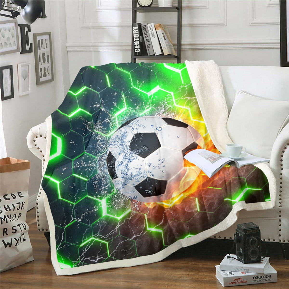 Kids Soccer Throw Blanket Twin Size, Football Fleece Blanket For Boys