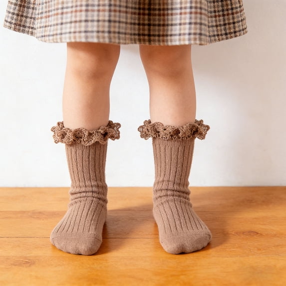 Kids Sock for Everyday Casual Wear Solid Color Mid-Cut Knit Socks Tailored for 1-8 Years Comfortable Elastic Fit Suitable for School and Outdoors, 5-8 Years, Khaki