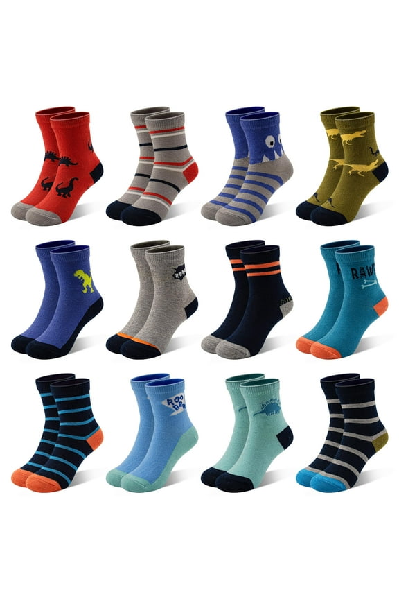 Kids Socks 12 Pairs Crew Socks for Toddler Boys 1-7 Years Old Mid Cut Socks Children