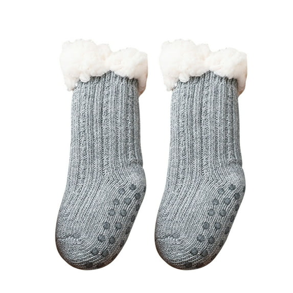 Kids Socks - Baby Boy Girl Solid Ankle Crew Socks with Grips Toddler Kids Unisex Lined Warm Thick Socks, Toddler Socks,Color: Grey Size: 1-3 Years