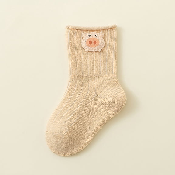 Kids Socks Cotton with 3D Animal Patch, Stay-On Ribbed Cuff, Soft Beige Unisex Kids Kids Socks for 0-24 Months, Everyday Wear & Gift,Size S