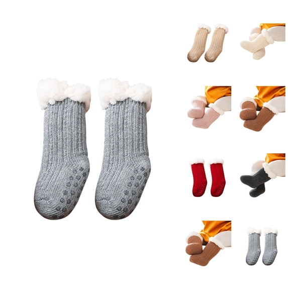 Kids Socks Kids Ankle Crew Socks Unisex Solid Cotton Hosiery with Grips Warm Thick Lined Winter Stockings for Toddler Boys Girls