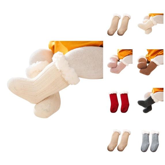 Kids Socks Kids Ankle Crew Socks Unisex Solid Cotton Hosiery with Grips Warm Thick Lined Winter Stockings for Toddler Boys Girls