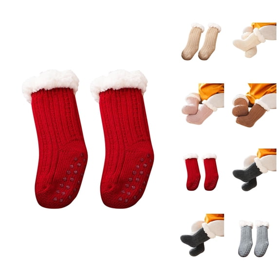 Kids Socks Kids Ankle Crew Socks Unisex Solid Cotton Hosiery with Grips Warm Thick Lined Winter Stockings for Toddler Boys Girls