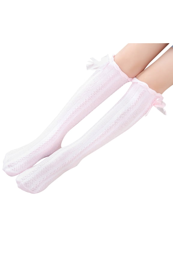 Boys and Girls Socks Mesh Medium Height Bow Over The Knee Stockings Cartoon Cotton Socks,Size One Size