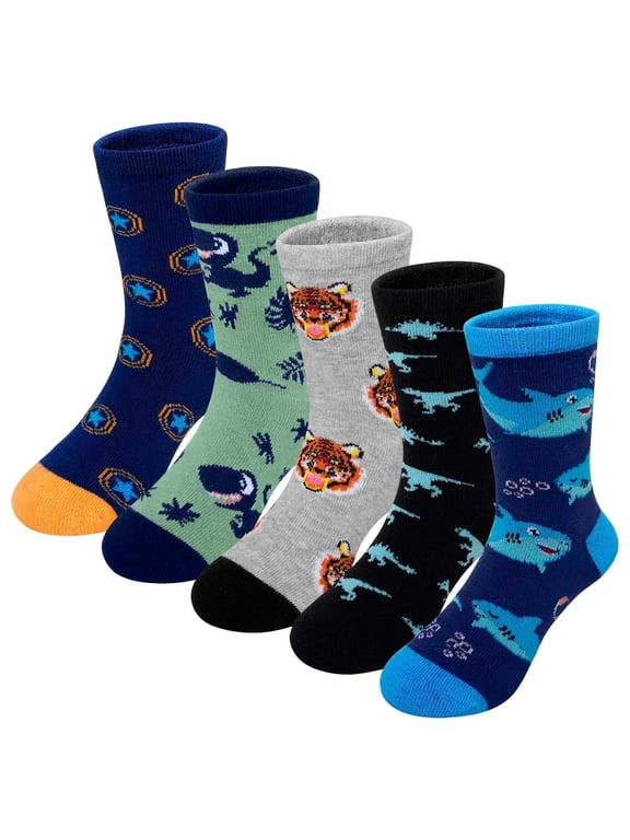 Kids Socks, PUTUO Boys Socks, Soft Cotton Novelty Socks Bright Colorful Funny Animal Pattern Crew Socks for Children 2-12 Years, 5 Pairs
