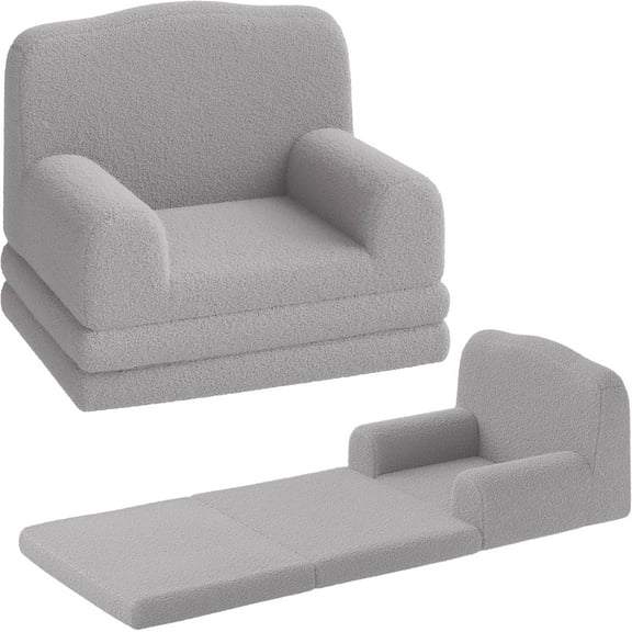 Kids Sofa, 2-in-1 Comfy Toddler Sofa Fold Out, Convertible Sofa to Lounger Foam Kids Chair with Soft Sherpa, Gift for Girls and Boys (Gray Crown)
