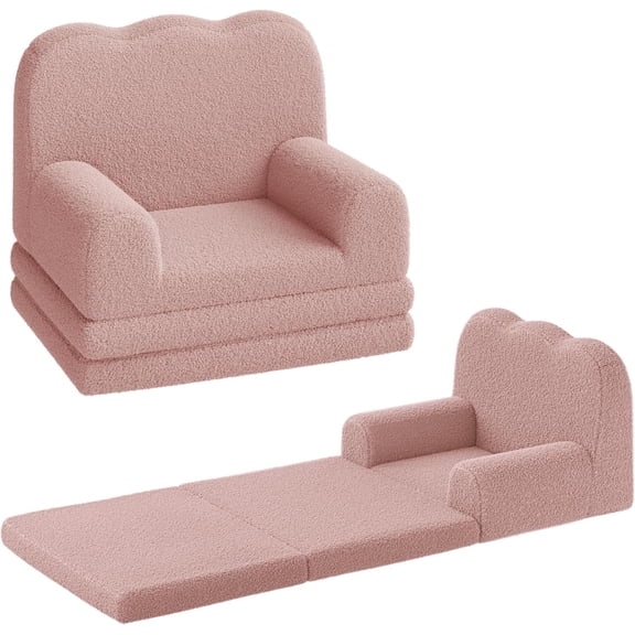 Sofa, 2-in-1 Comfy Toddler Sofa Fold Out, Convertible Sofa to Lounger Foam Chair with Soft Sherpa, Gift for Girls and Boys (Pink)