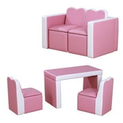Kids Sofa 2-in-1 Double Sofa Convert to Table and Two Chairs Toddler Lounge with Leather Surface Convertible Children Sofa,Pink