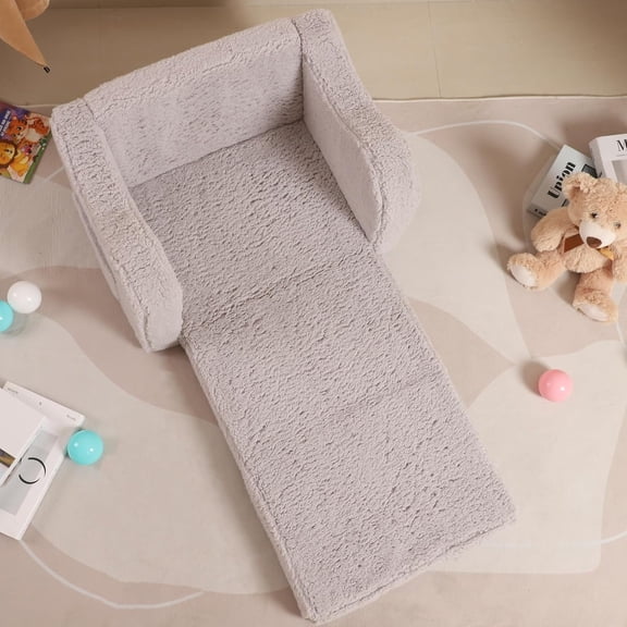 Kids Sofa, 2-in-1 Flip-Out Foam Couch with Soft Sherpa Cover, Cozy Play Lounge Chair, Grey
