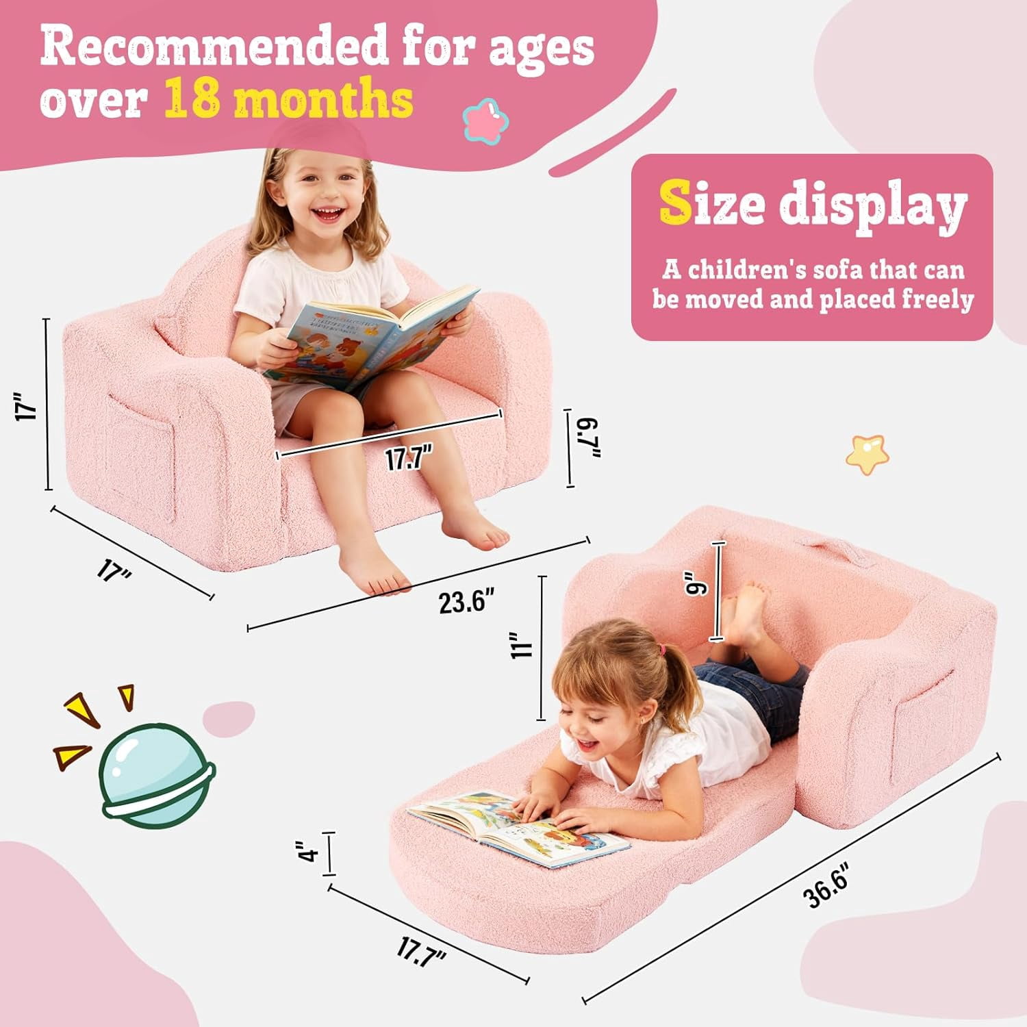 Kids Sofa 2-in-1 Soft  Toddler Chair Convertible Lounger with Side Pockets