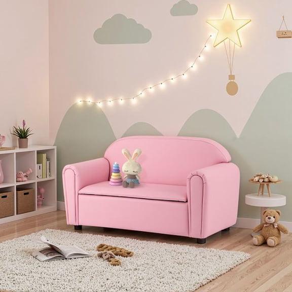 Kids Sofa Chair with Storage Box, Child Armrest Reading Chair, Upholstered PU Leather Toddler Couch, Solid Wood Frame, High Density Foam Seat, Lightweight Furniture for Playroom Bedroom Living Room