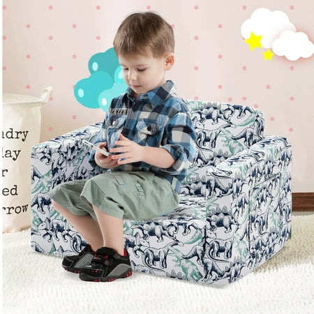 Kids Sofa, Children's 2 in 1 Convertible Sofa to Lounger Grey Dinosaur