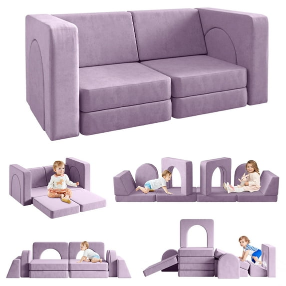 Kids Sofa Couch 10PCS, Linor Modular Toddler Couch for Playroom, Dutch Velvet Multifunctional Play Couch Sofa for Kids, Blueberry