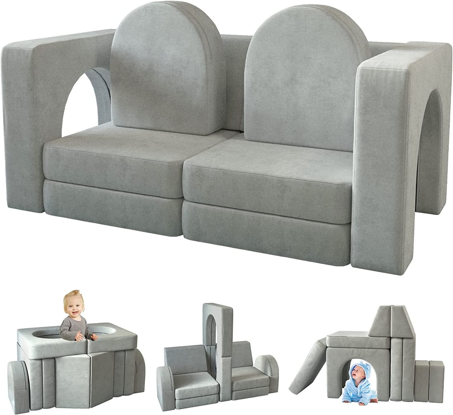 Kids Couch 12PCS, Linor Modular Toddler Velvet Multifunctional Couch, for Kid Playroom, Grey Dutch Couch