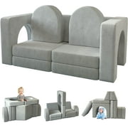 Kids Sofa Couch 10PCS, Linor Modular Toddler Couch for Playroom, Dutch Velvet Multifunctional Play Couch Sofa for Kids, Gray
