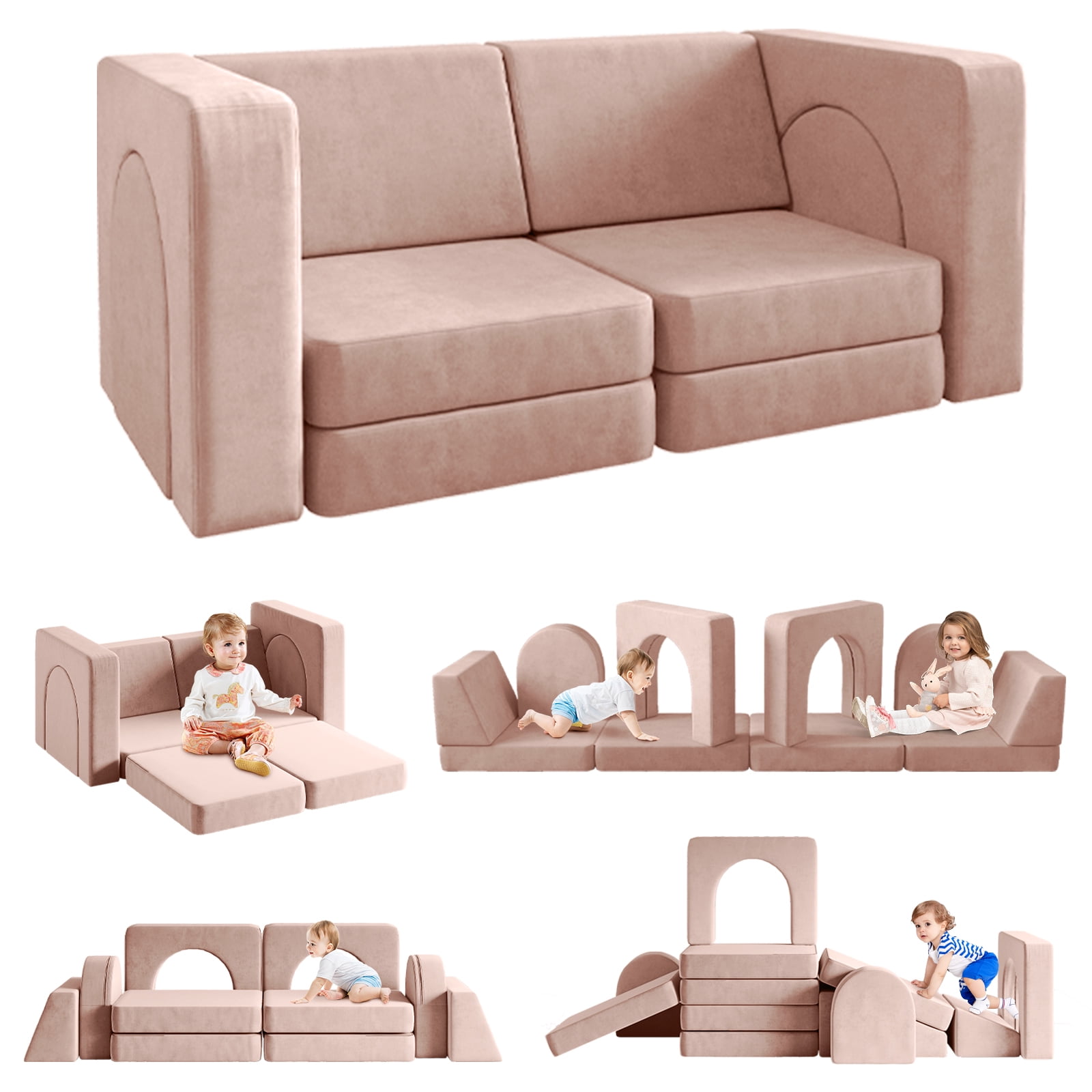 Walmart discounts of Linor 10PCS Kids Sofa Couch Set for Children's Playroom, Multifunctional Velvet Toddler Couch, Light Pink