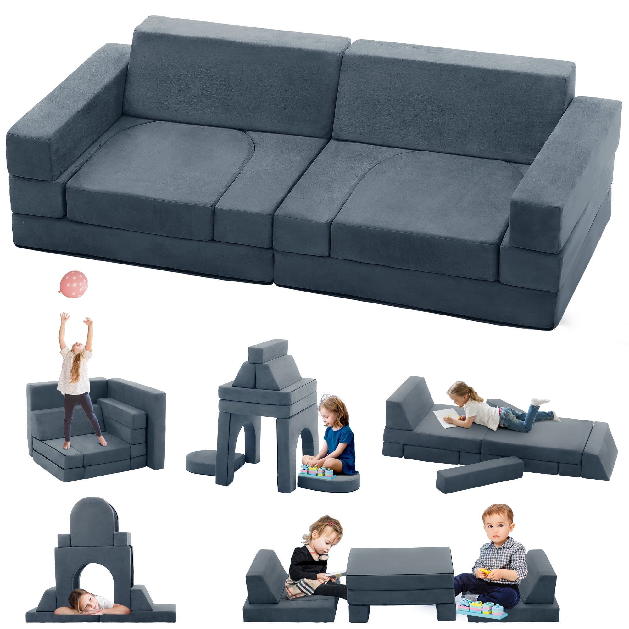 NAVINE Kids Sofa Couch 9-Pieces, Play Couch Sofa Modular Toddler Couch for Playroom, Gift for Kids, Gray