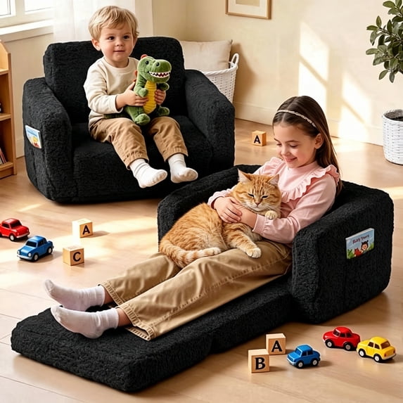 Kids Couch, 2 In 1 Foldable Toddler Couch ,Convertible Baby Sofa Chair for Boys and Girls, Black