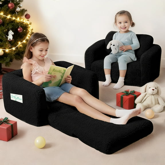 Kids Couch, 2 In 1 Foldable Toddler Couch ,Convertible Baby Sofa Chair for Boys and Girls, Black