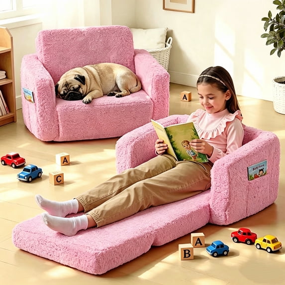 Kids Sofa,Foldable 2 in 1 Kids lounger,Toddler Chair Baby Convertible Sofa for Boys and Girls ,Pink